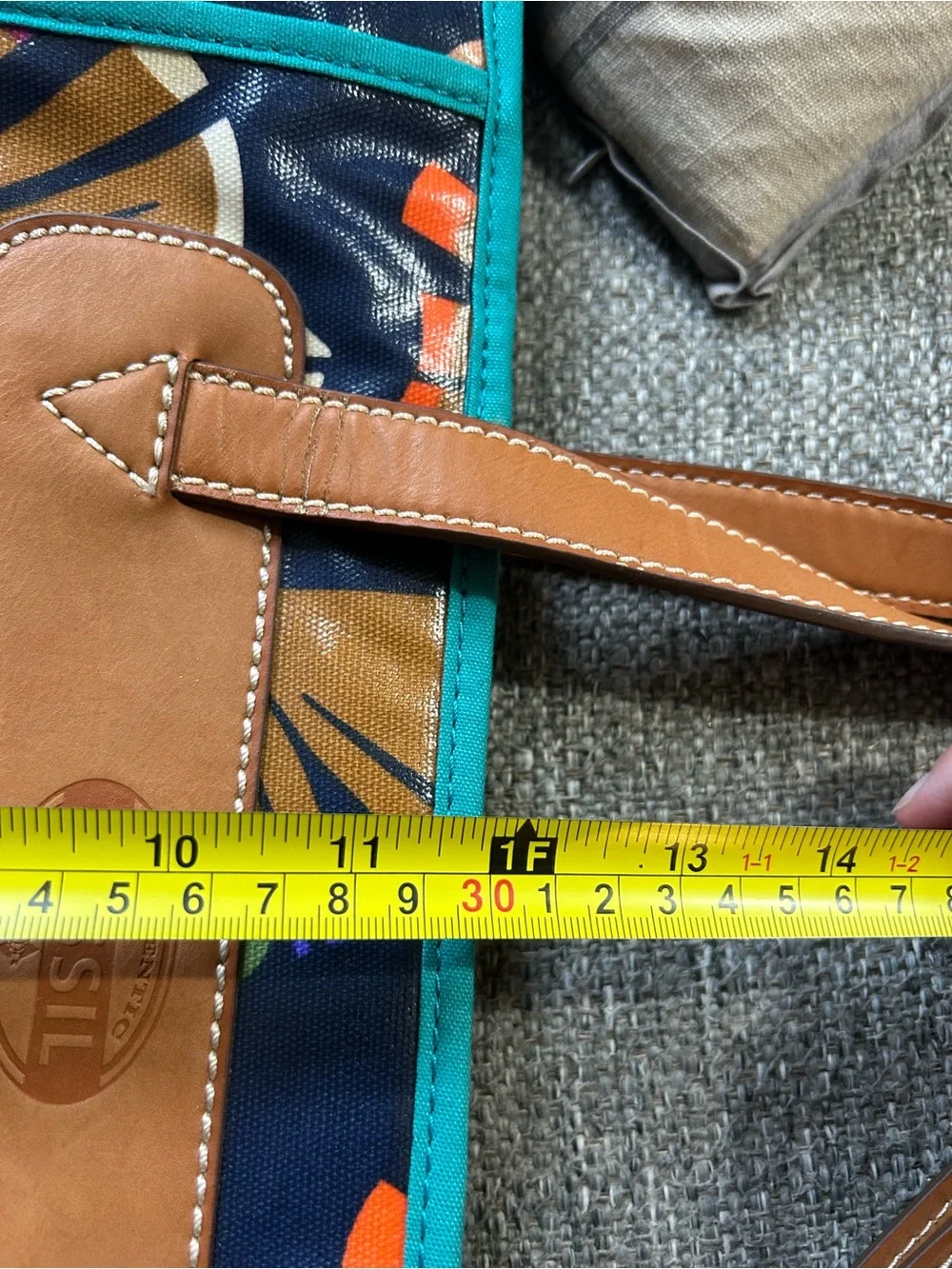 Fossil Navy Floral Fan-Print Tote with Tan Handles and Teal Trim - Picture 11 of 14